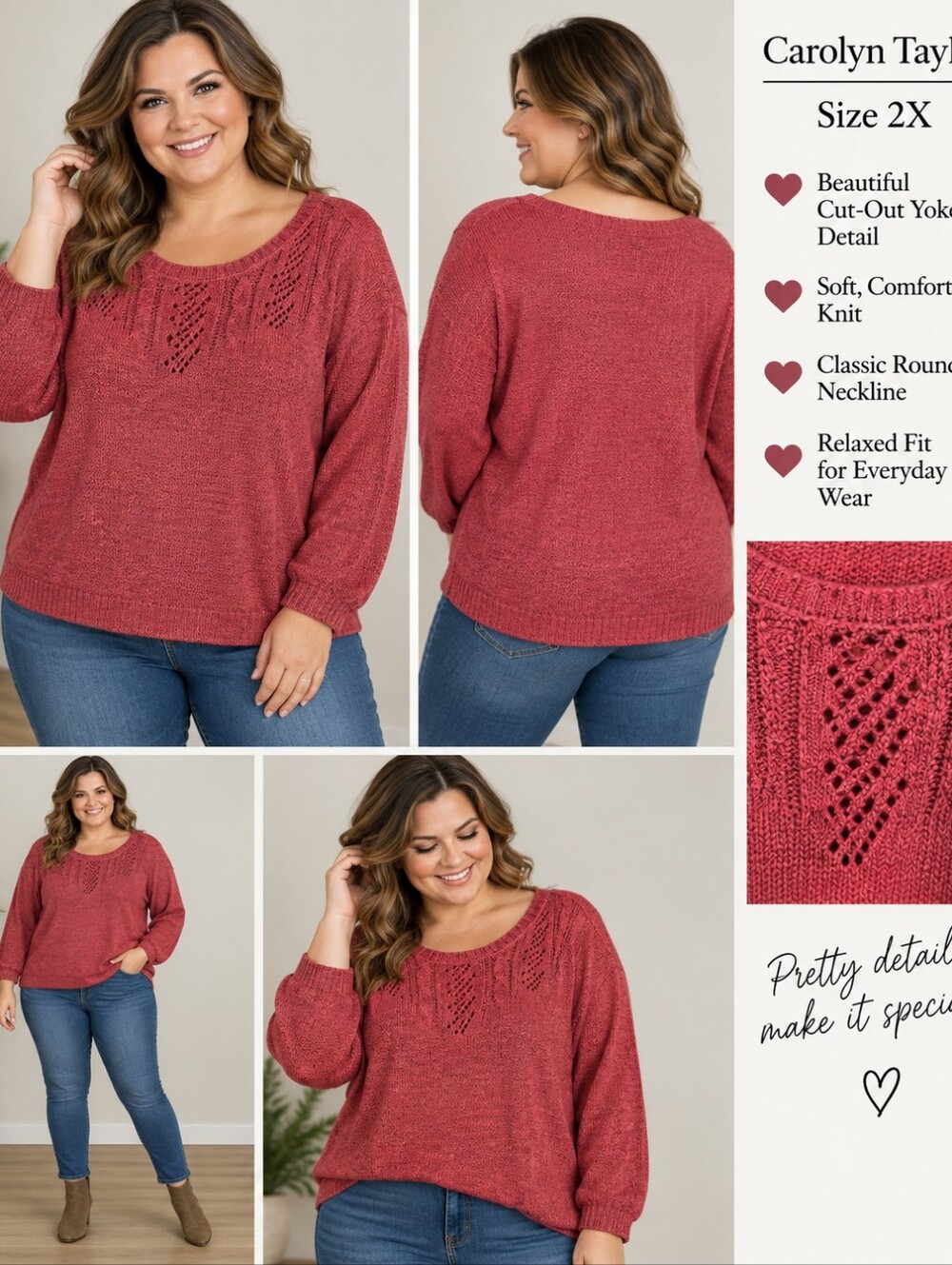 Carolyn Taylor Pink Sweater With Cut-Out Yoke